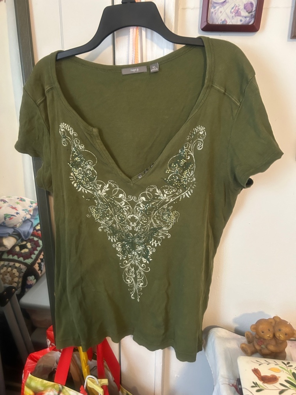 Staple Olive Green Short-Sleeve V-Neck Tee with Decorative Front Print